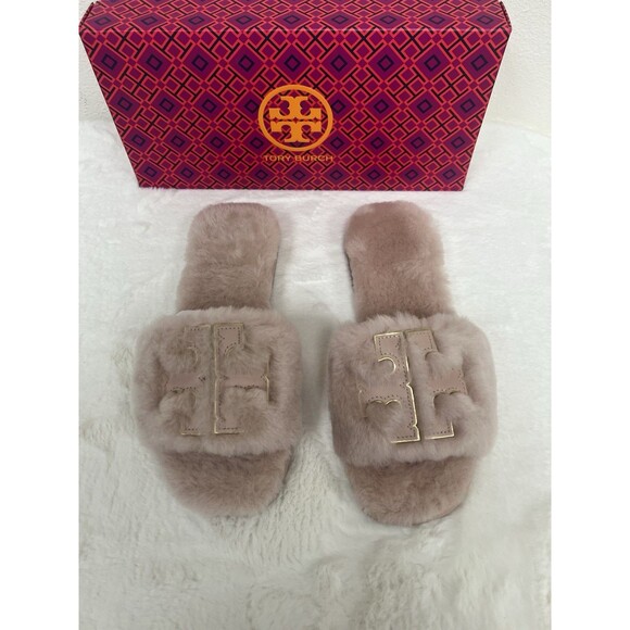 TORY BURCH SHEARLING SLIDE SANDAL SHELL PINK /GOLD TRIM DOUBLE LOGO SZ US 6 NEW - Picture 3 of 10